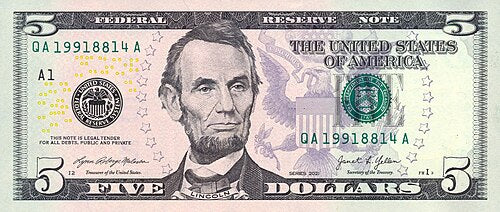 One United States Of America Physical Five Dollar Face Value Bill Price ( $5.50 USD )