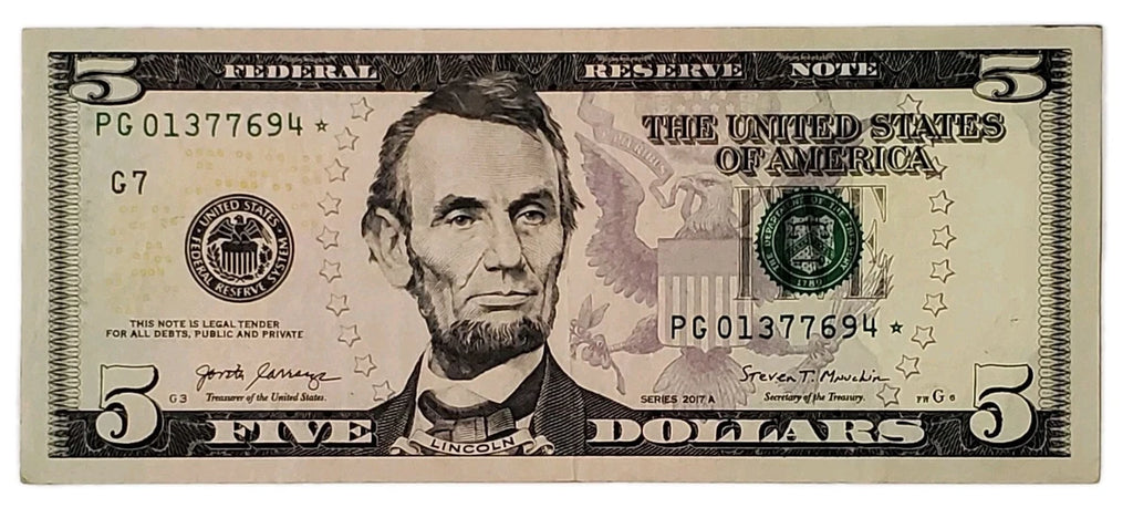 One United States Of America Physical Five Dollar Face Value Bill Price ( $5.50 USD )